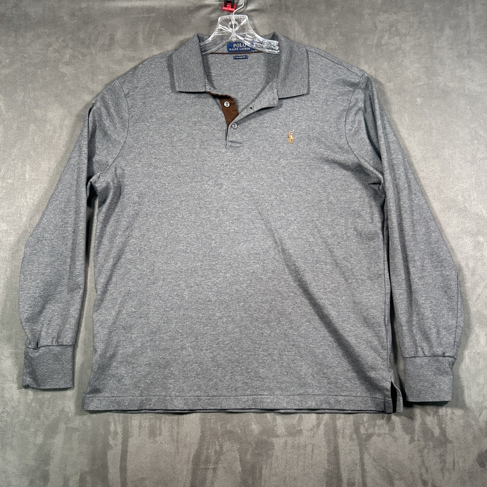 Polo Ralph Lauren Polo Shirt Mens L Gray  Long Sleeve Classic Fit Flesh Pony